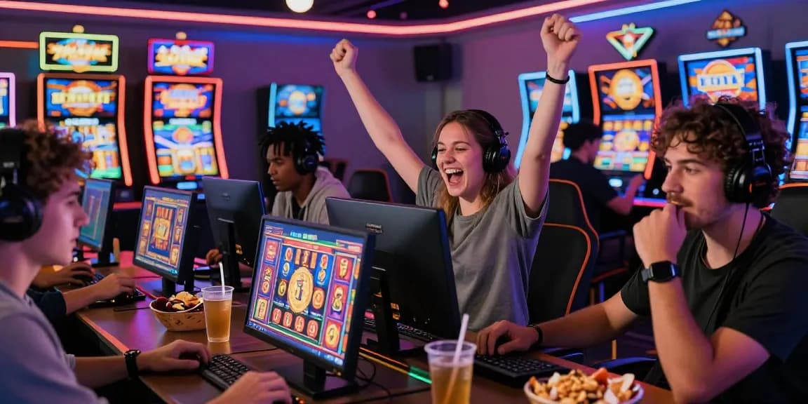 Permainan slot online di kasino digital dengan pemain merayakan jackpot di layar.