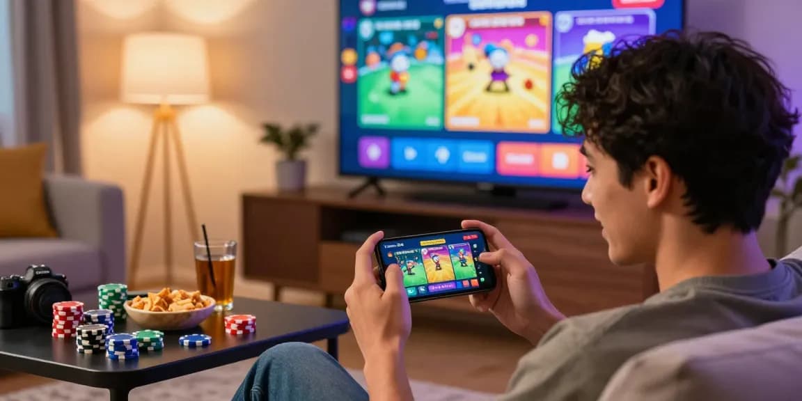 Engaged player excitedly using Teen Patti Gold app, showcasing vibrant games and cozy living atmosphere.