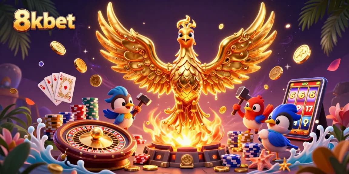 Win big at 8xbet with vibrant games featuring golden coins, casino elements, and dynamic scenes.