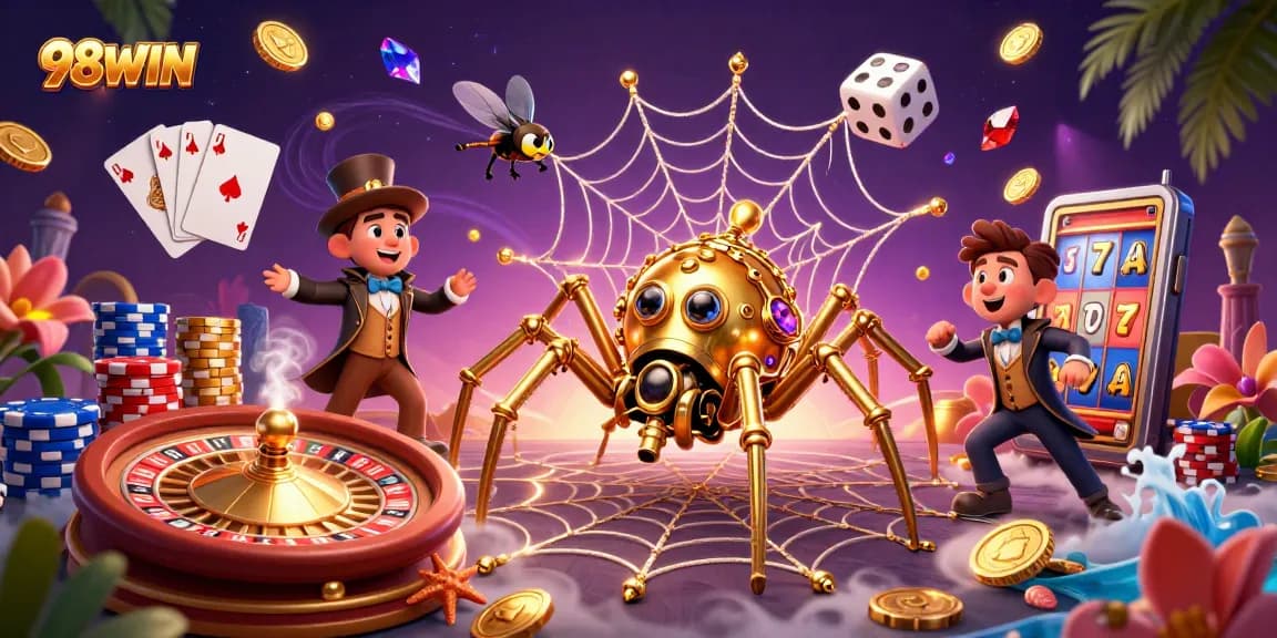 Experience thrilling gameplay with 98WIN's steampunk chaos of golden chips, coins, and vibrant gambling elements.