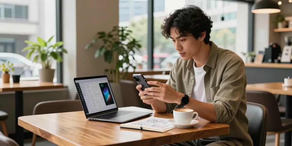 The iPhone 17 in use at a coffee shop, highlighting its design and features in a professional's workspace.