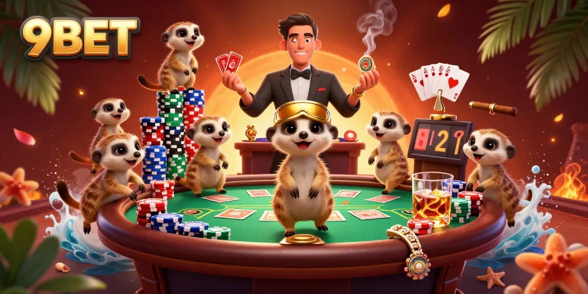 Experience 9BET thrills with lively meerkats running a vibrant casino scene packed with poker action.