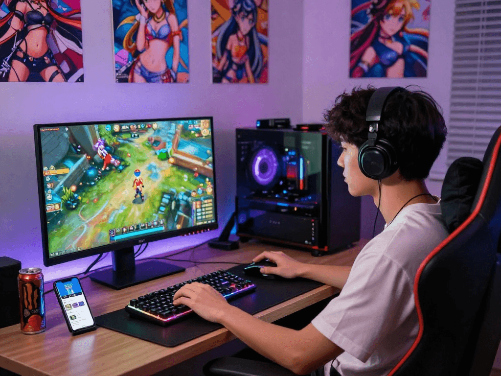 Immersive scene of a player enjoying a hentai game in a colorful gaming room.