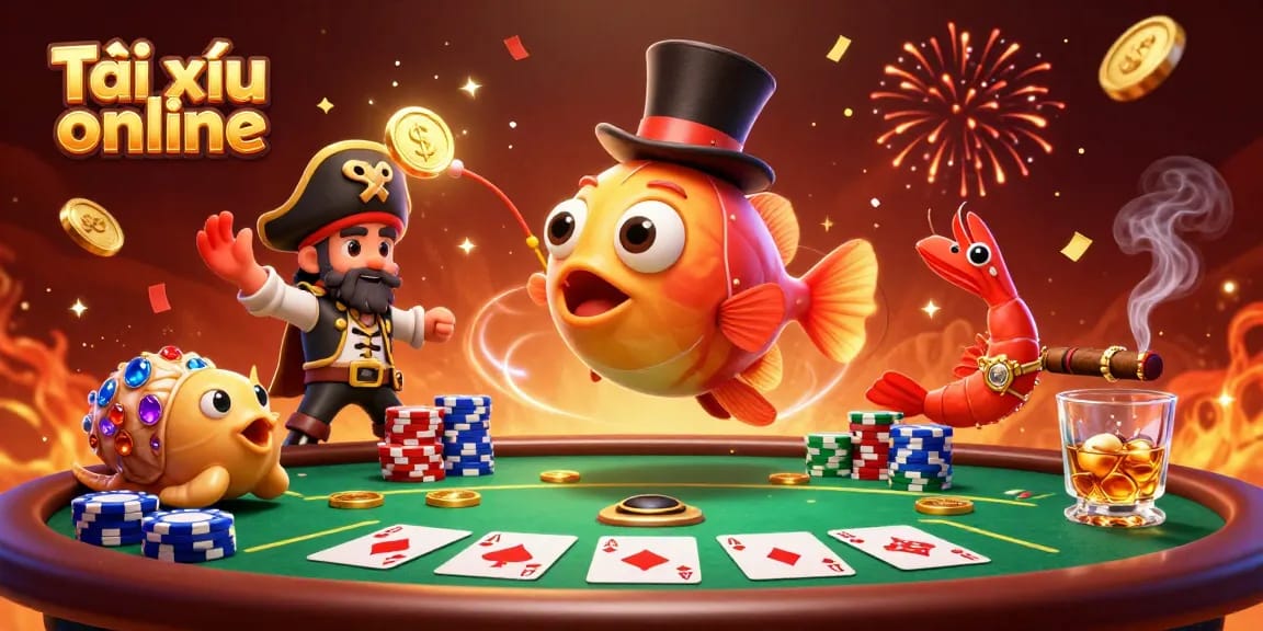 Experience thrilling Tài xỉu online action with 3D characters and casino elements in a vibrant illustration.