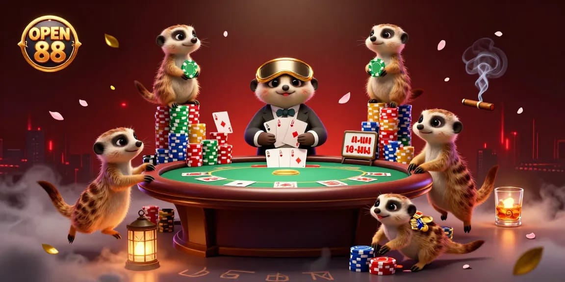Engaging scene of meerkats operating a vibrant casino showcasing OPEN 88 poker elements and dynamic atmosphere.