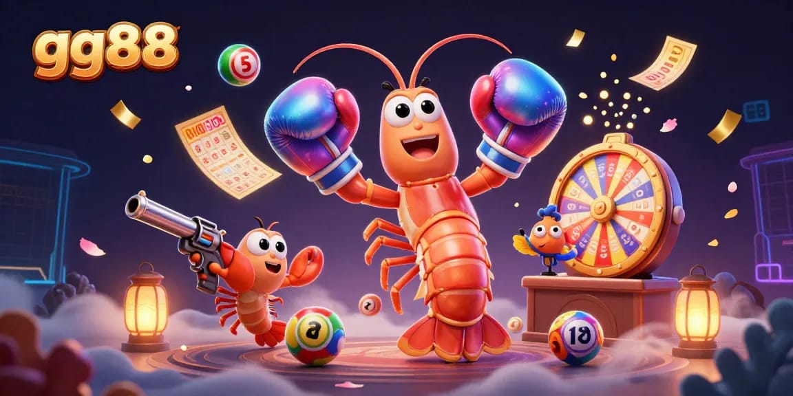 Engage with the action of gg88's lottery environment featuring vibrant characters, flying lottery balls, and dynamic game elements.