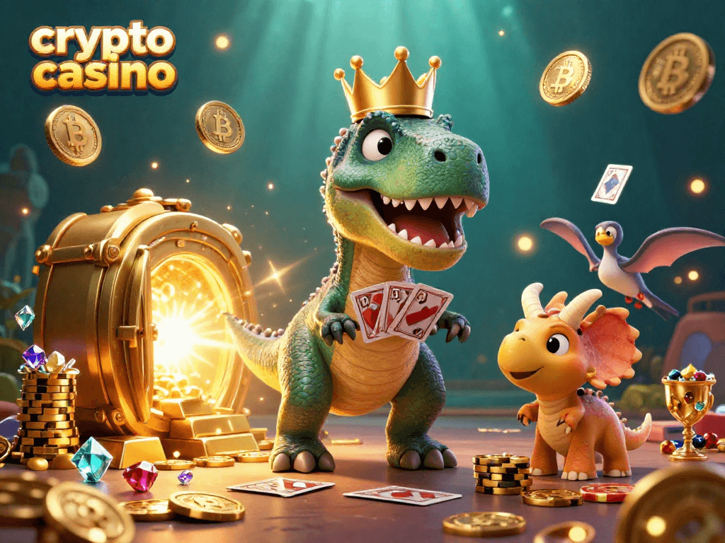 Experience the thrill of a crypto casino as a T-Rex shuffles cards with help from soaring friends.