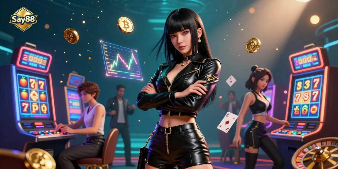 Experience the excitement of gambling with Say88 slot games in a vibrant 3D casino scene.