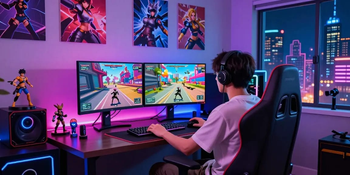 Experience the excitement of a 3D hentai game in an immersive gaming setup with neon lights and dynamic characters.