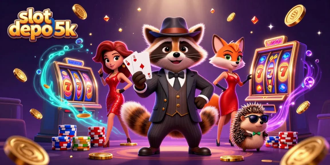 Experience the thrill of slot depo 5k with a raccoon holding a royal flush amidst cascading coins and lucky sevens.