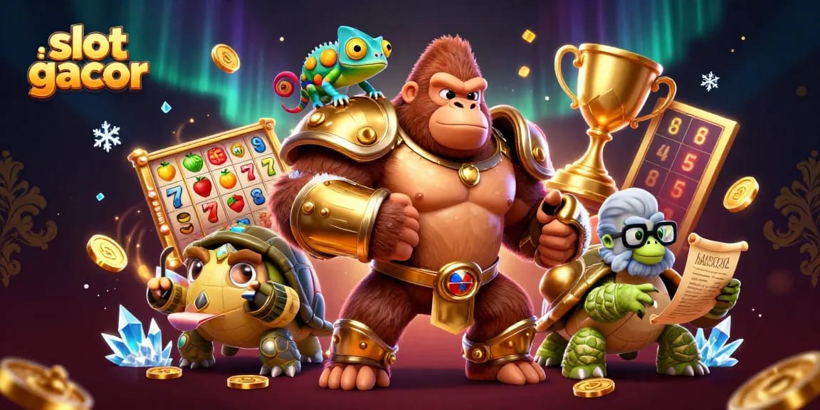 Rasakan kemenangan di slot gacor dengan ilustrasi dinamis karakter dan elemen kasino yang vibrant.