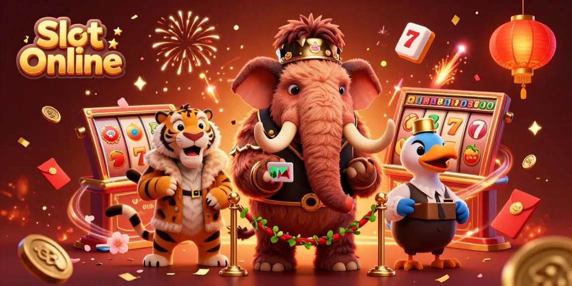 Spin slot reels with the vibrant 3D illustration showcasing a woolly mammoth bouncer and VIPs in a fun casino atmosphere.