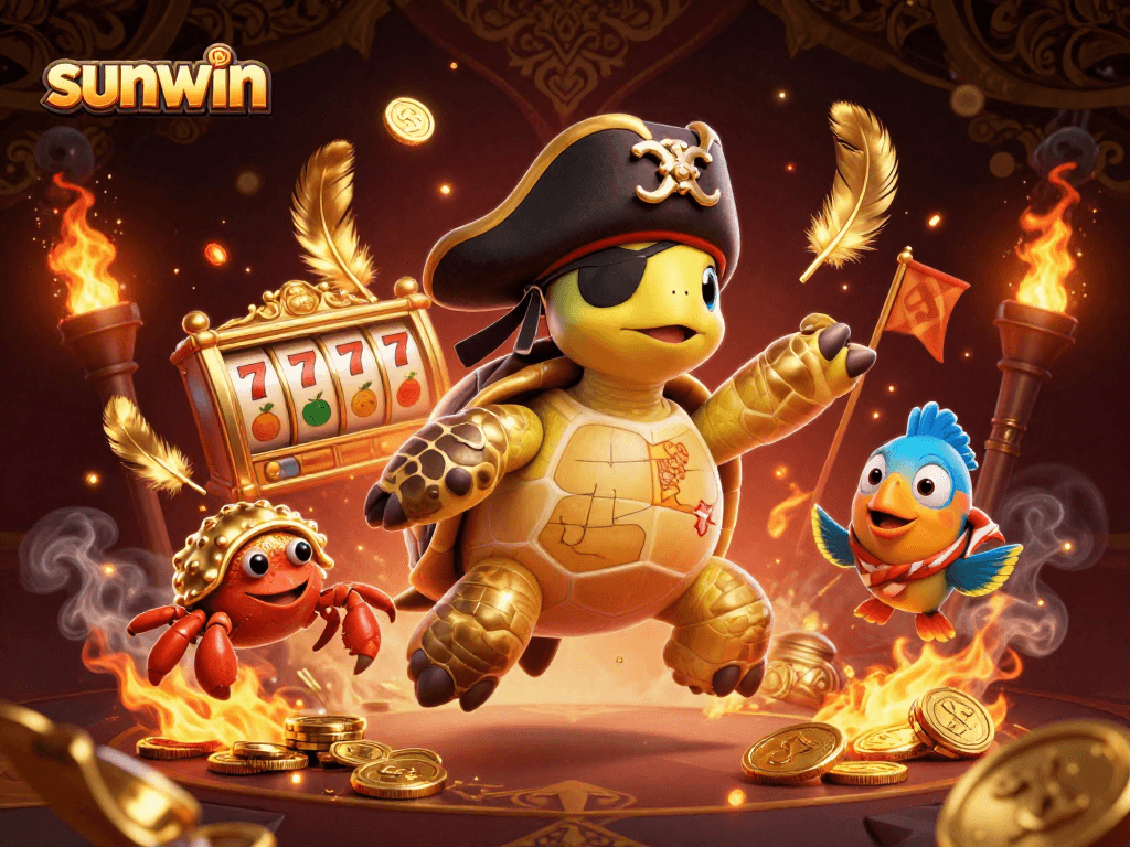 Spin and win with sunwin's dynamic 3D casino illustration featuring pirate characters and gold coins.