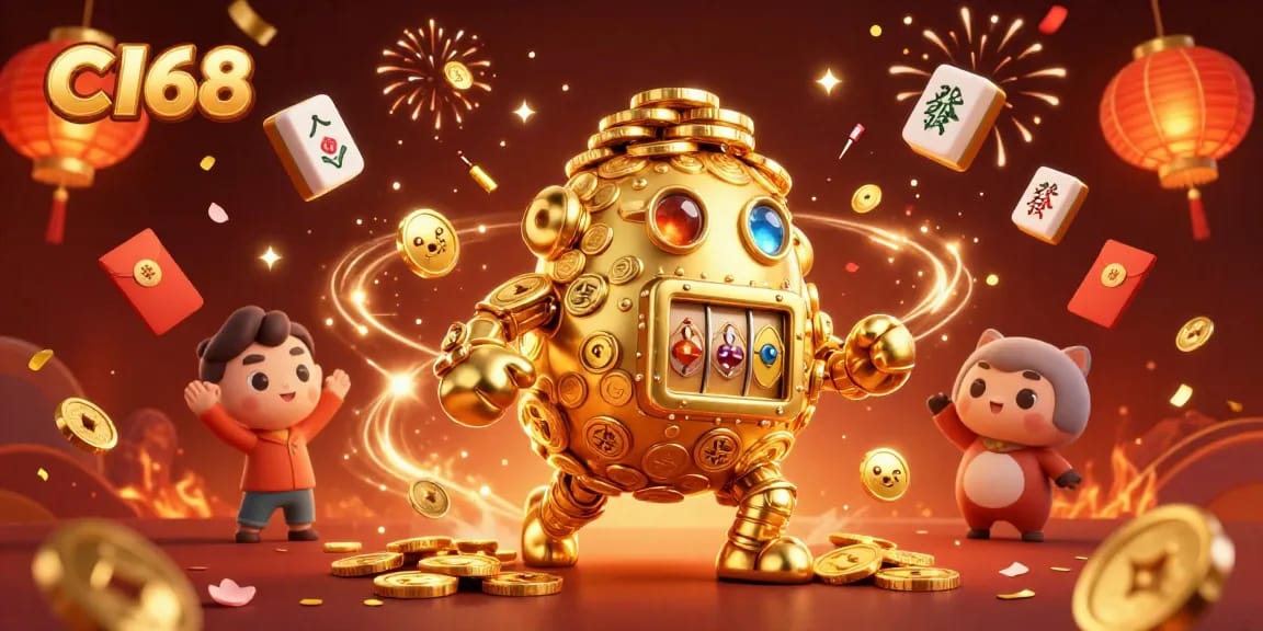 C168 brings to life a vibrant casino scene featuring a golden golem and floating game elements, enticing players.