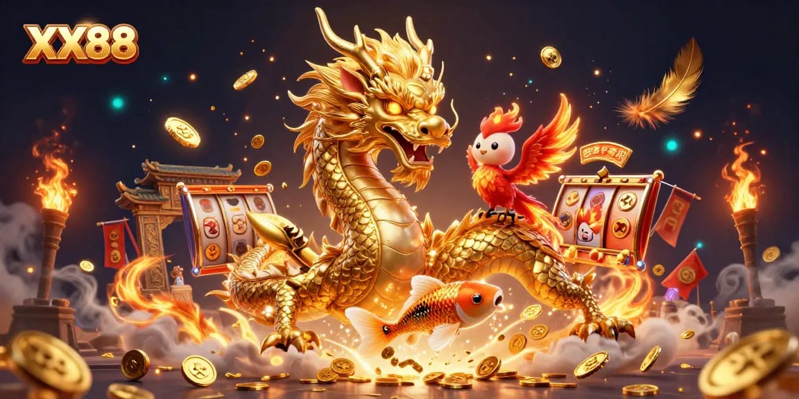 Experience thrilling gameplay with XX88, featuring a majestic golden dragon, phoenix, and koi fish amidst a vibrant casino scene.