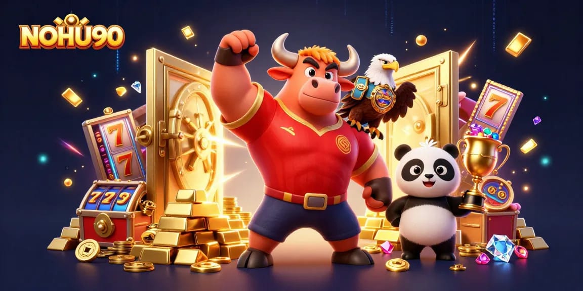 Engage with NOHU90, featuring a bull mascot in a victory pose amidst vibrant casino elements.