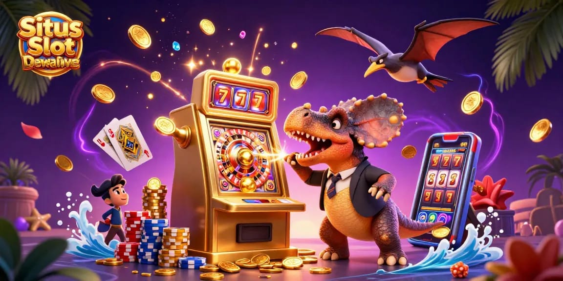 Engage in thrilling action at Situs Slot Gacor Dewalive with a playful pachycephalosaurus and vibrant casino scene.