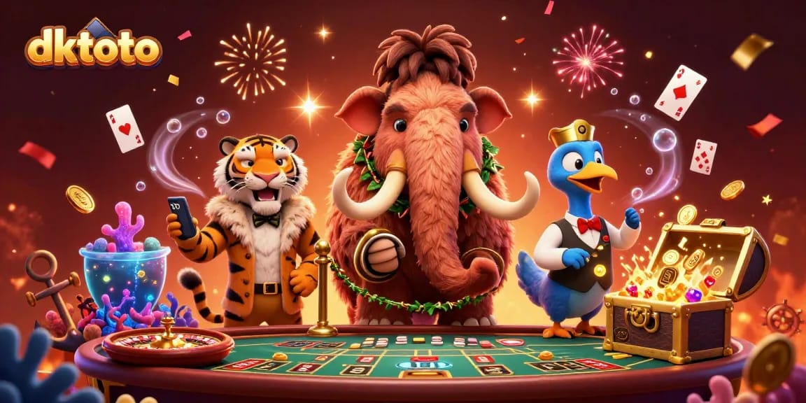 Experience exciting baccarat action with dktoto's vibrant casino scene featuring a mammoth bouncer and a saber-tooth guest.