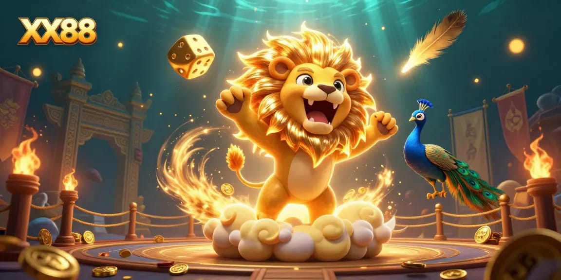 Join the adventure of XX88 with a majestic lion and golden dice amidst a dynamic casino scene.