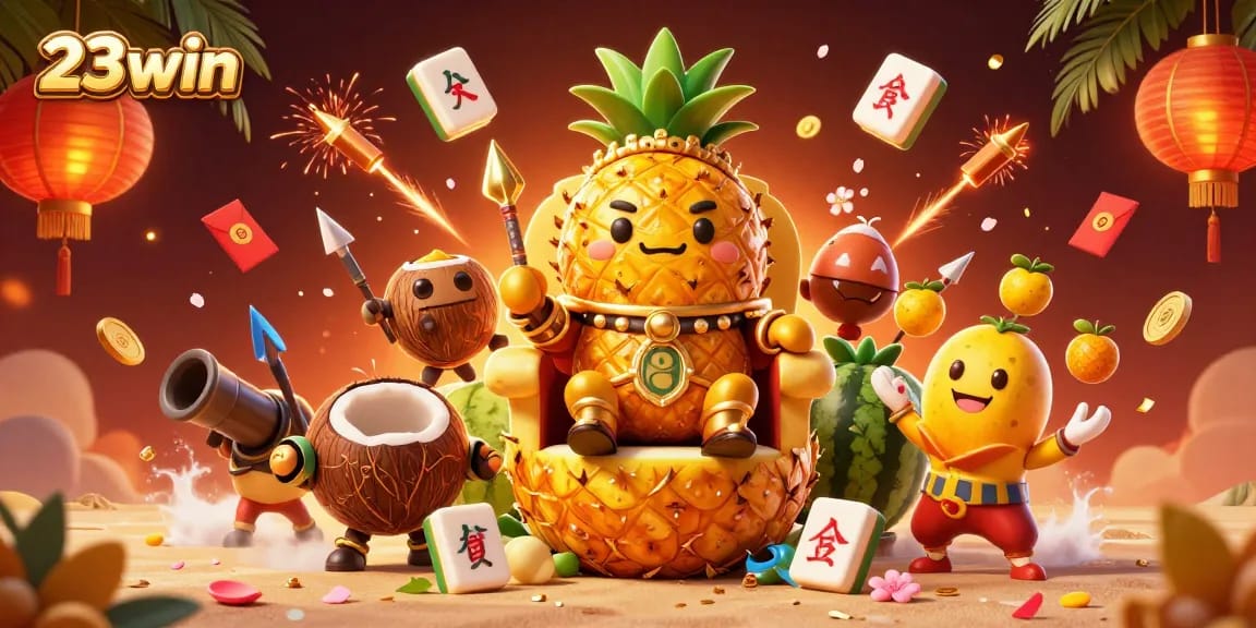 Experience 23win's thrilling casino atmosphere with a tropical twist amidst animated characters.