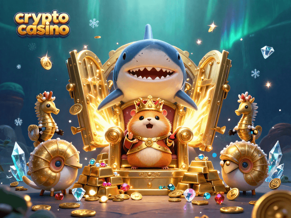Engage with the vibrant crypto casino world featuring a golden hamster king atop a shark tooth throne.
