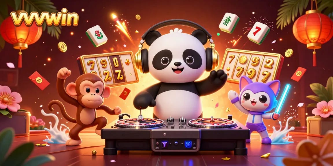 Experience the excitement of vvvwin with a vibrant 3D casino scene featuring a DJ panda and lucky symbols.