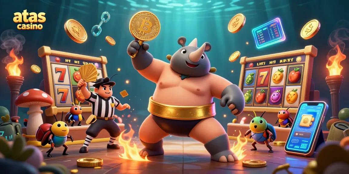 Experience excitement at atas casino with a vibrant depiction of a sumo beetle champion amidst golden coins and slot symbols.