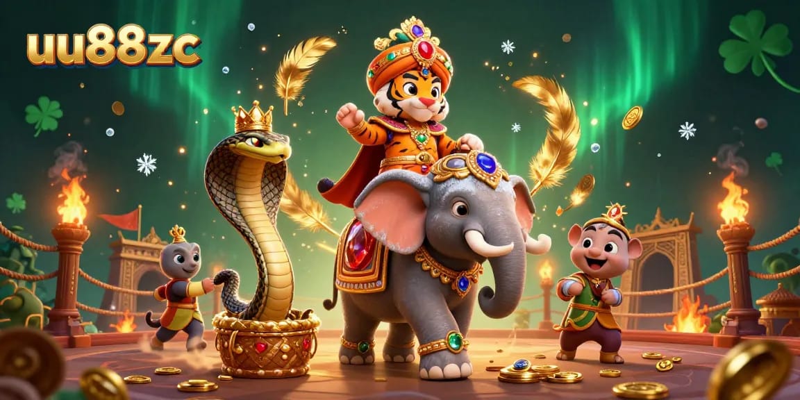 Bet on exciting games with uu88zc featuring a maharaja tiger, jewel-encrusted elephant, and vibrant casino elements.