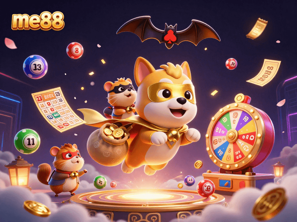me88 casino illustration showcasing the superhero dog flying with gold coins amidst lottery elements, poker chip lights.