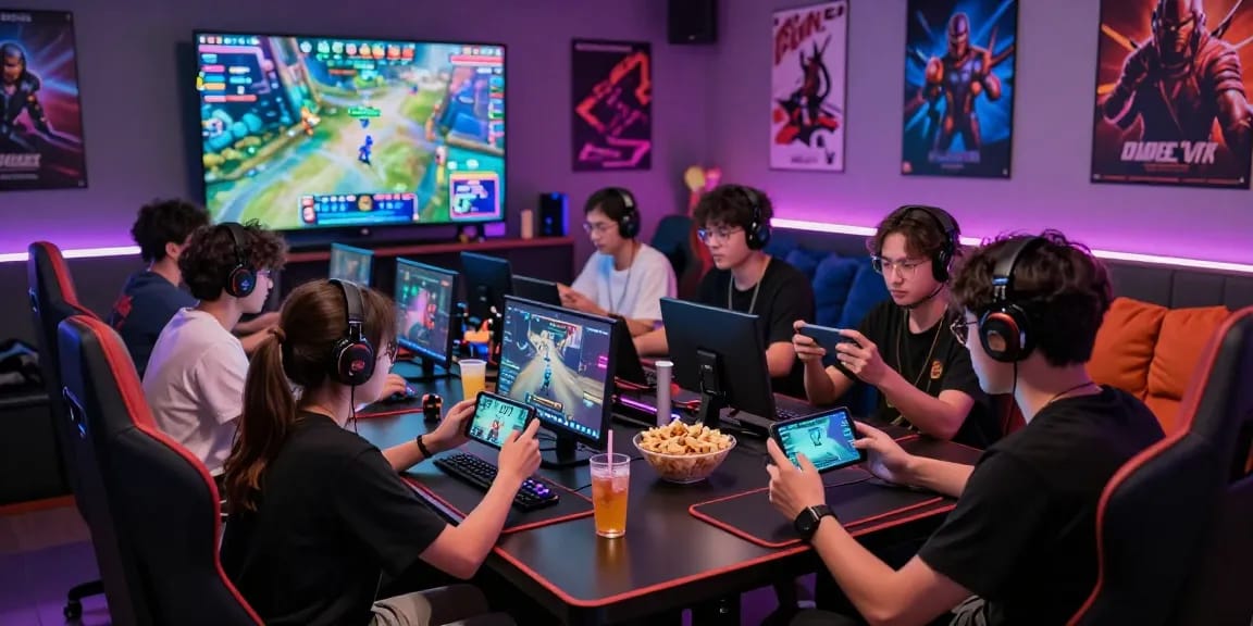 Exciting gaming session featuring RS-777-VIP on mobile devices in a vibrant lounge setting.