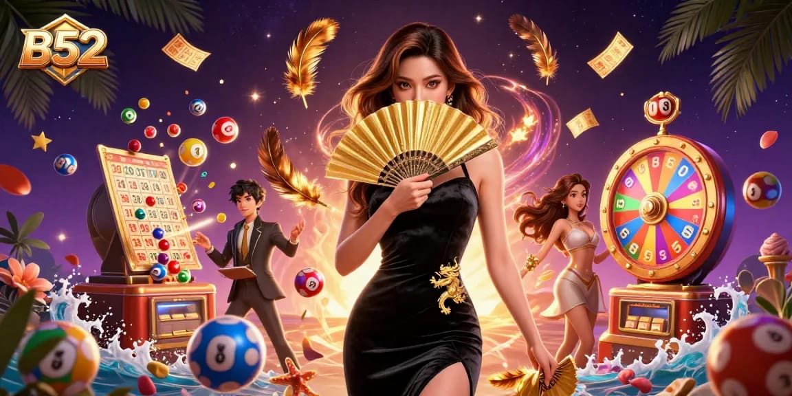 Experience B52-style gaming excitement with a captivating Asian woman in a vibrant casino scene.