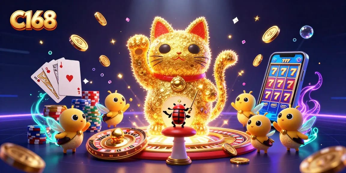 C168 showcases a vivid 3D lucky cat surrounded by casino symbols, offering thrilling gaming experiences.