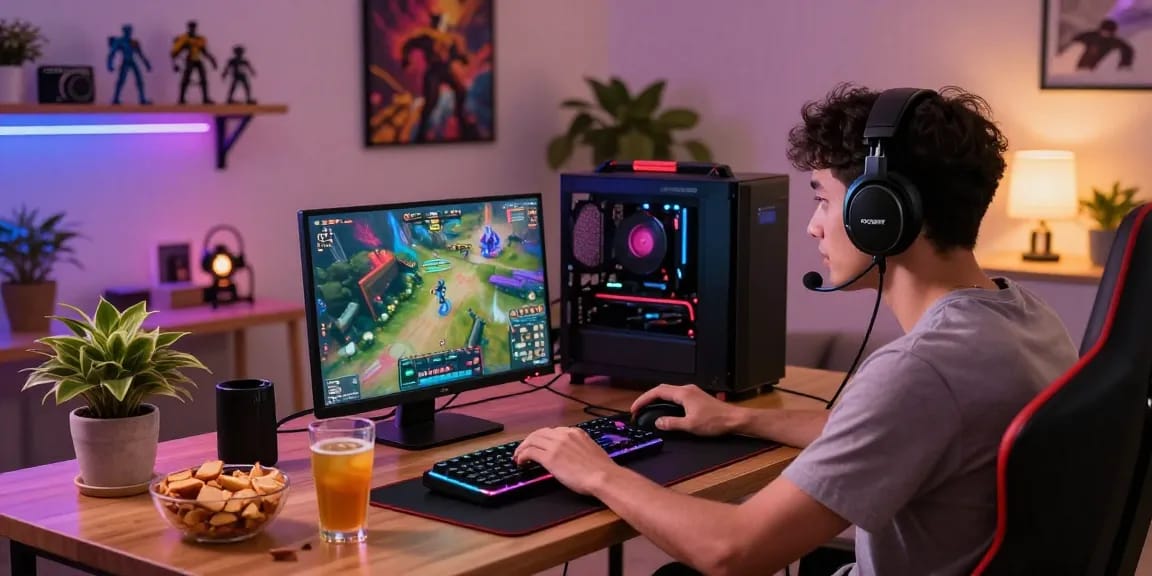 Exciting gaming setup depicting MPOSPORT link alternatif in a cozy room filled with gaming gear.