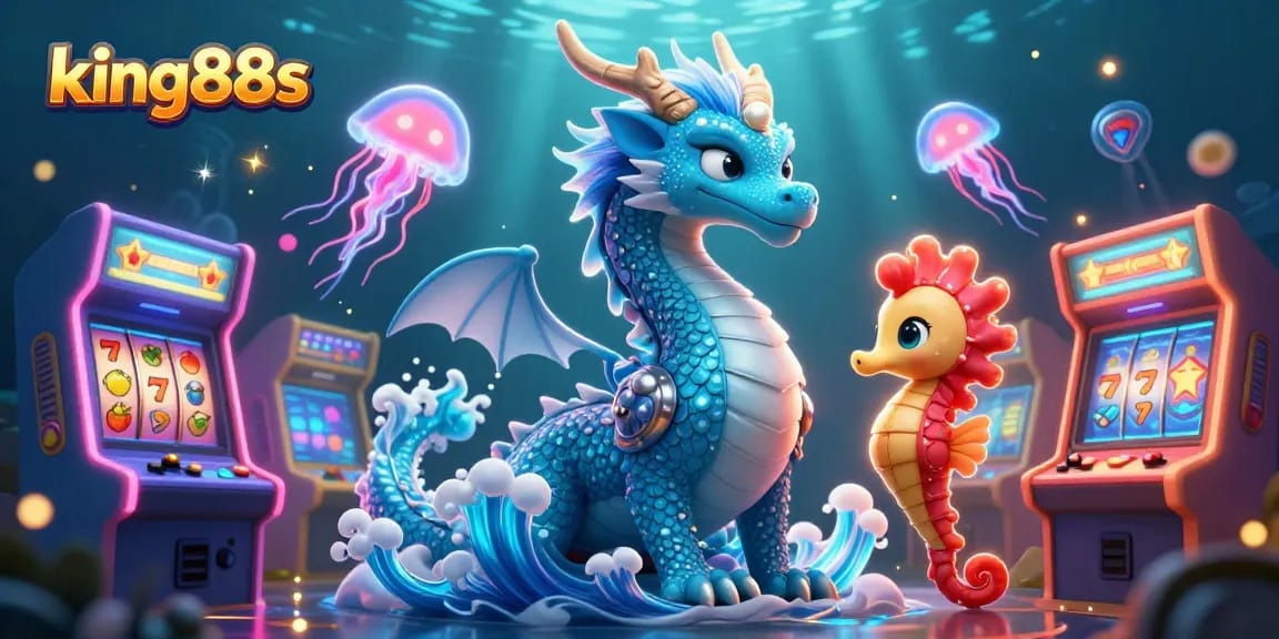 Engage with king88s, featuring a vibrant underwater scene of a dragon, seahorse, and slot machines.