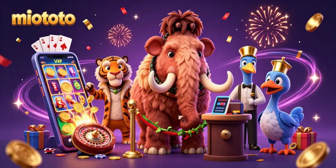 Engage with miototo through an exciting 3D casino scene showcasing a mammoth bouncer and vibrant game elements.