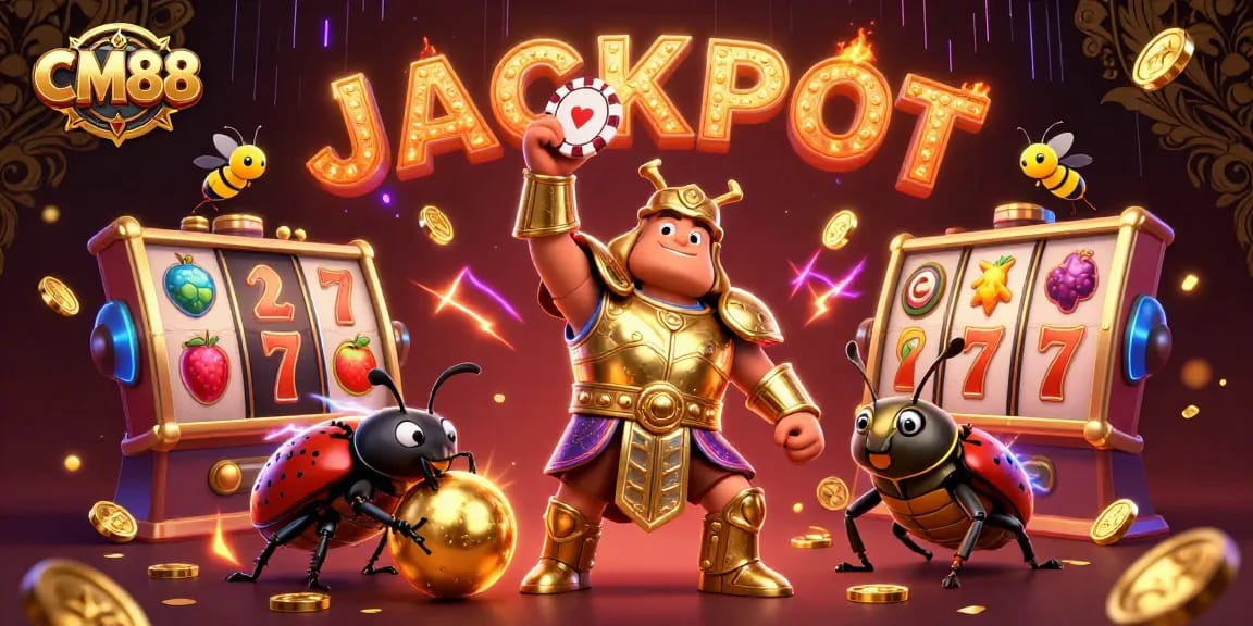 CM88 showcases a 3D victorious beetle amidst vibrant casino elements celebrating a jackpot.