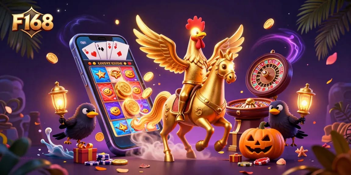 F168 engages players with a vibrant scene featuring a golden rooster in a midnight casino.
