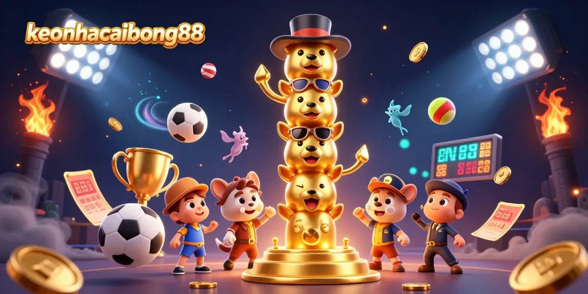 Experience the excitement of keonhacaibong88 with vibrant sports-themed casino elements in a dynamic 3D scene.
