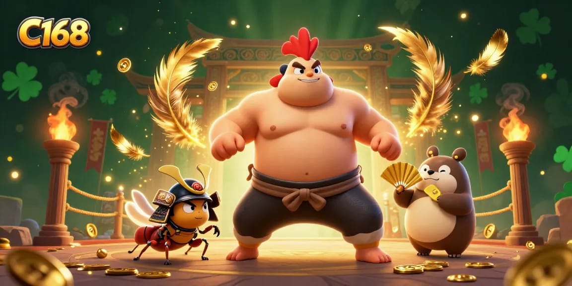C168 showcases a thrilling sumo wrestling scene, featuring powerful characters engaged in exciting gameplay, adorned with gold coins and vibrant feathers.