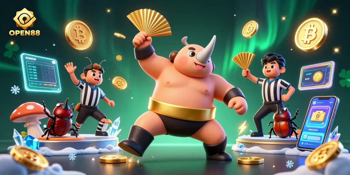 OPEN88 players experience thrilling wins with vibrant casino-themed illustration.