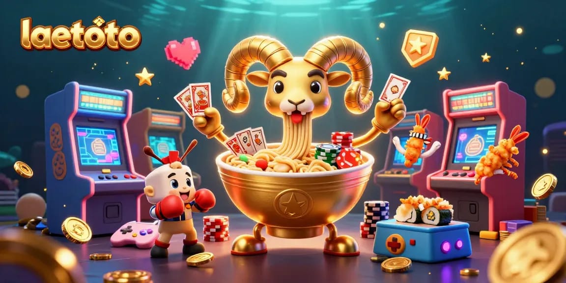 Experience the excitement of laetoto with a vibrant 3D illustration of dynamic casino characters and gaming elements.