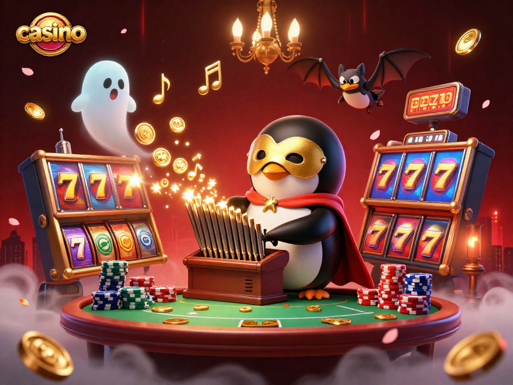 Engage in thrilling casino slots with the animated phantom penguin and exciting game elements.