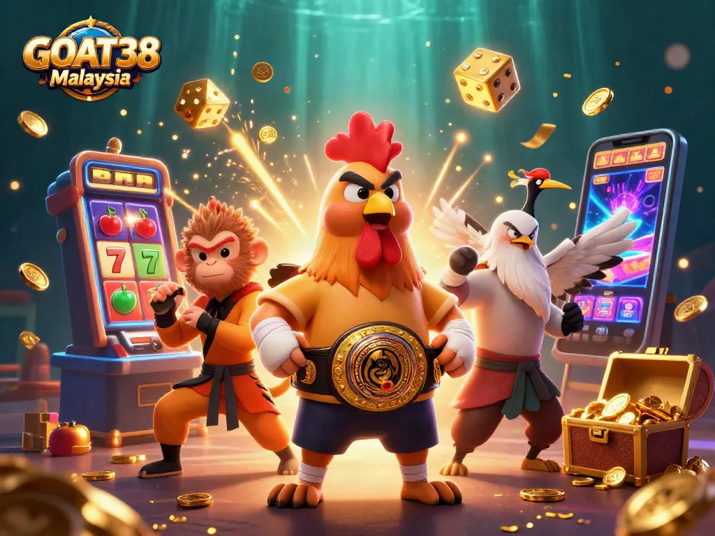 Experience thrilling wins at GOAT38 Malaysia with vibrant slot machines and colorful casino illustrations.