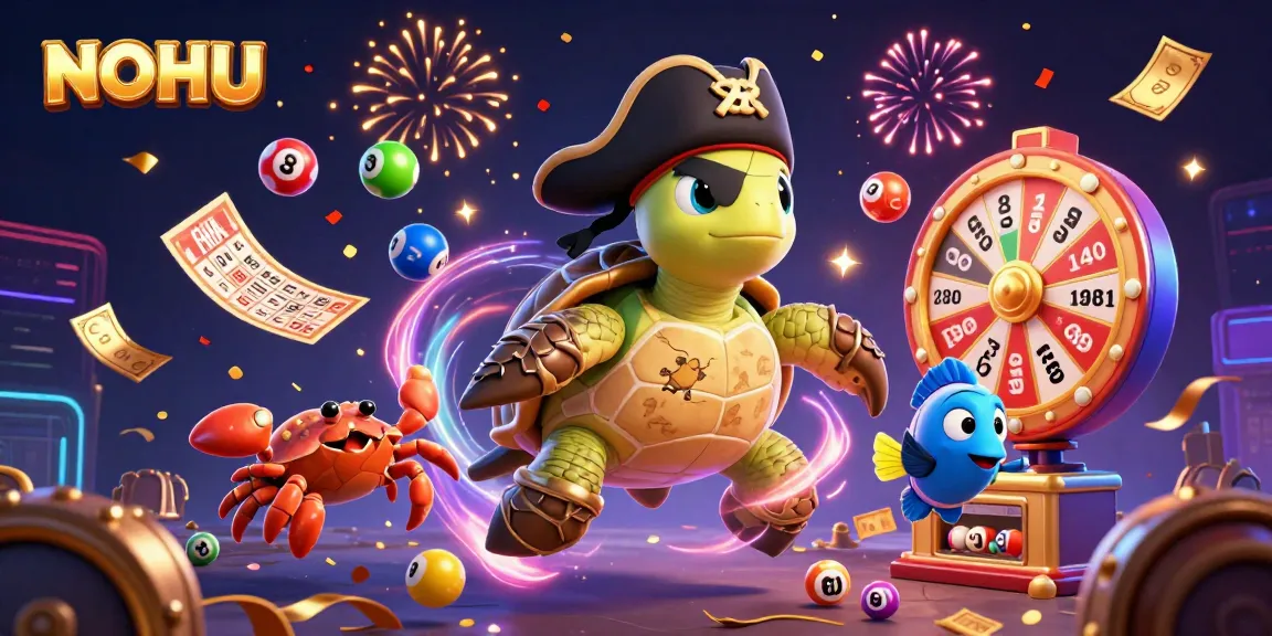 NOHU-themed illustration of a vibrant cartoon pirate turtle and friends celebrating above lots of casino elements.