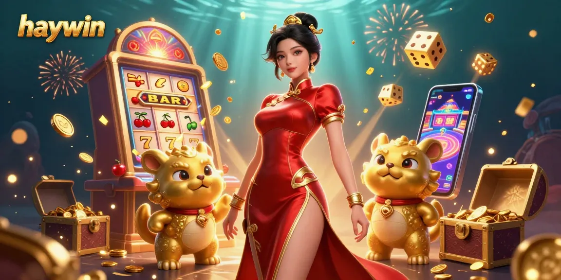 Play diverse casino games at haywin with a glamorous Asian woman amidst lively 3D slot machine explosions.