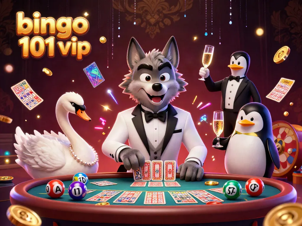 Bingo 101 VIP menghadirkan visual menarik dengan karakter serigala dan angsa sambil bermain bingo.