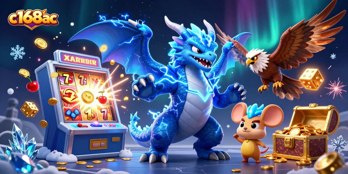Win big at c168ac with dynamic 3D casino elements, including a thrilling slot machine and vibrant characters.