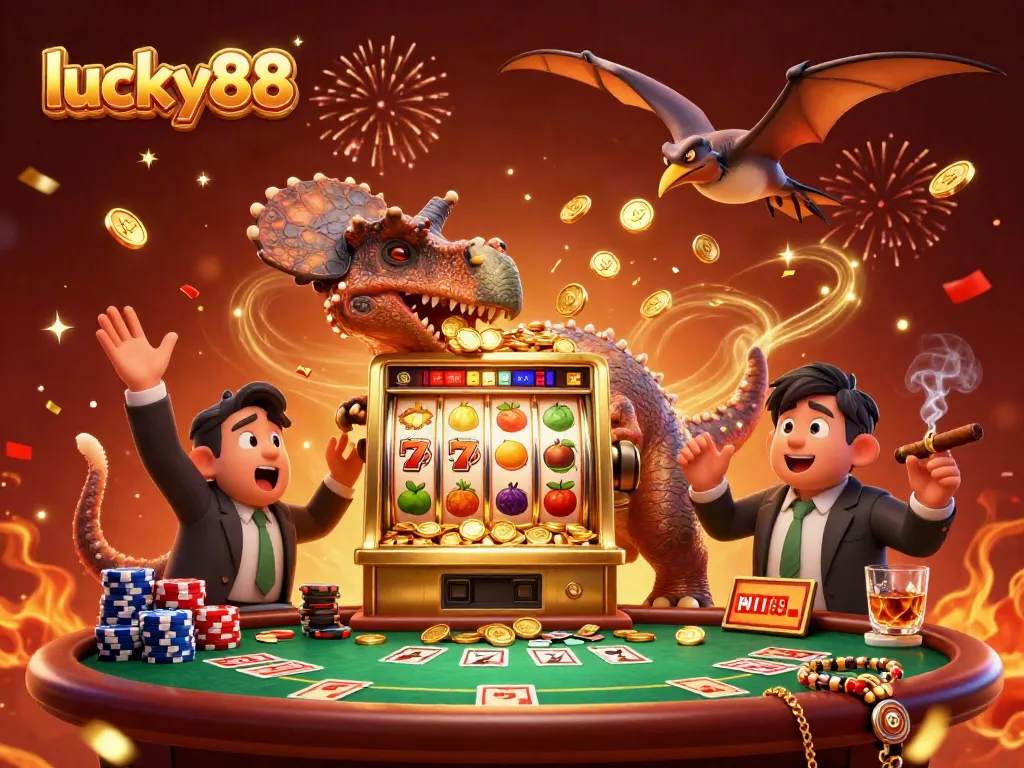 Experience the excitement at lucky88 with a vibrant 3D illustration of a dinosaur winning at a slot machine.