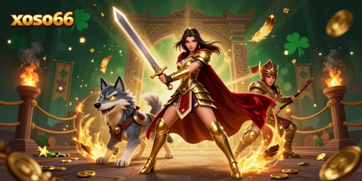 Experience thrilling games at xoso66 with an immersive illustration featuring a warrior queen and her wolf companion.