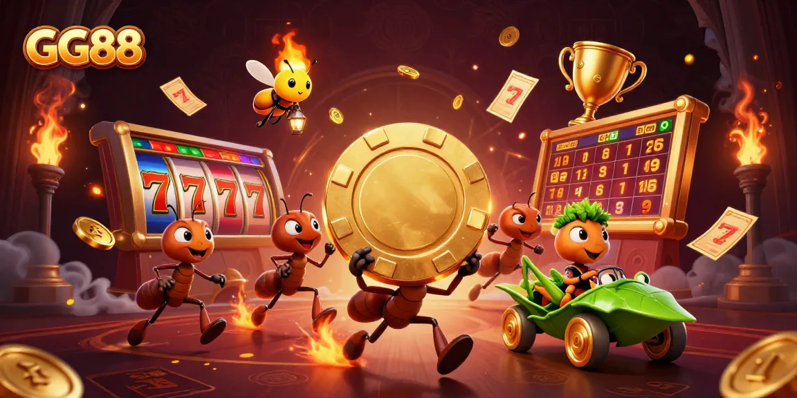 Engage with GG88 as cartoon ants heist a giant poker chip amidst dynamic casino elements.